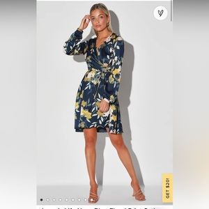 Lulu’s Satin Navy Wrap Dress with Floral Pattern